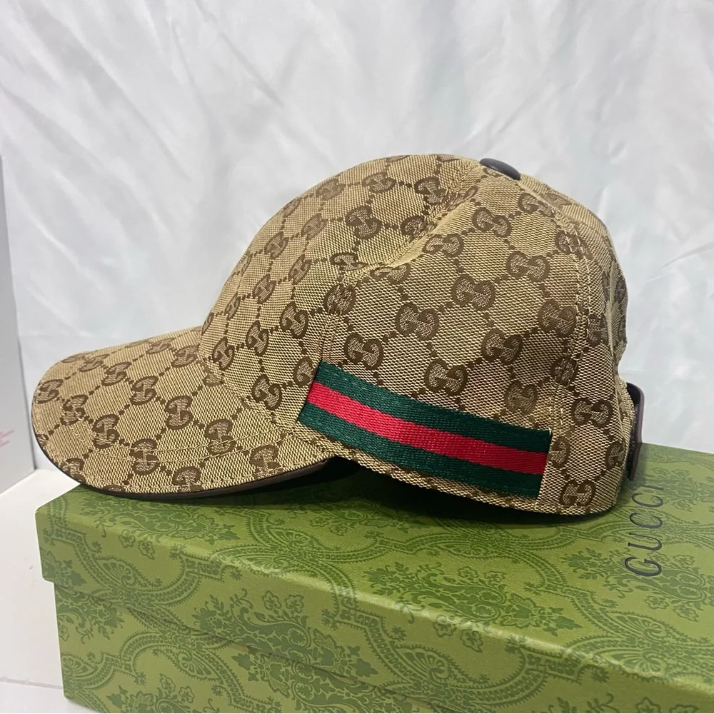 Gucci Tan GG Canvas Baseball Cap with Red-Green Web